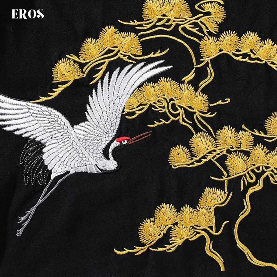 EMBROIDERY T-SHIRT GINKGO TREE WITH CRANE #075