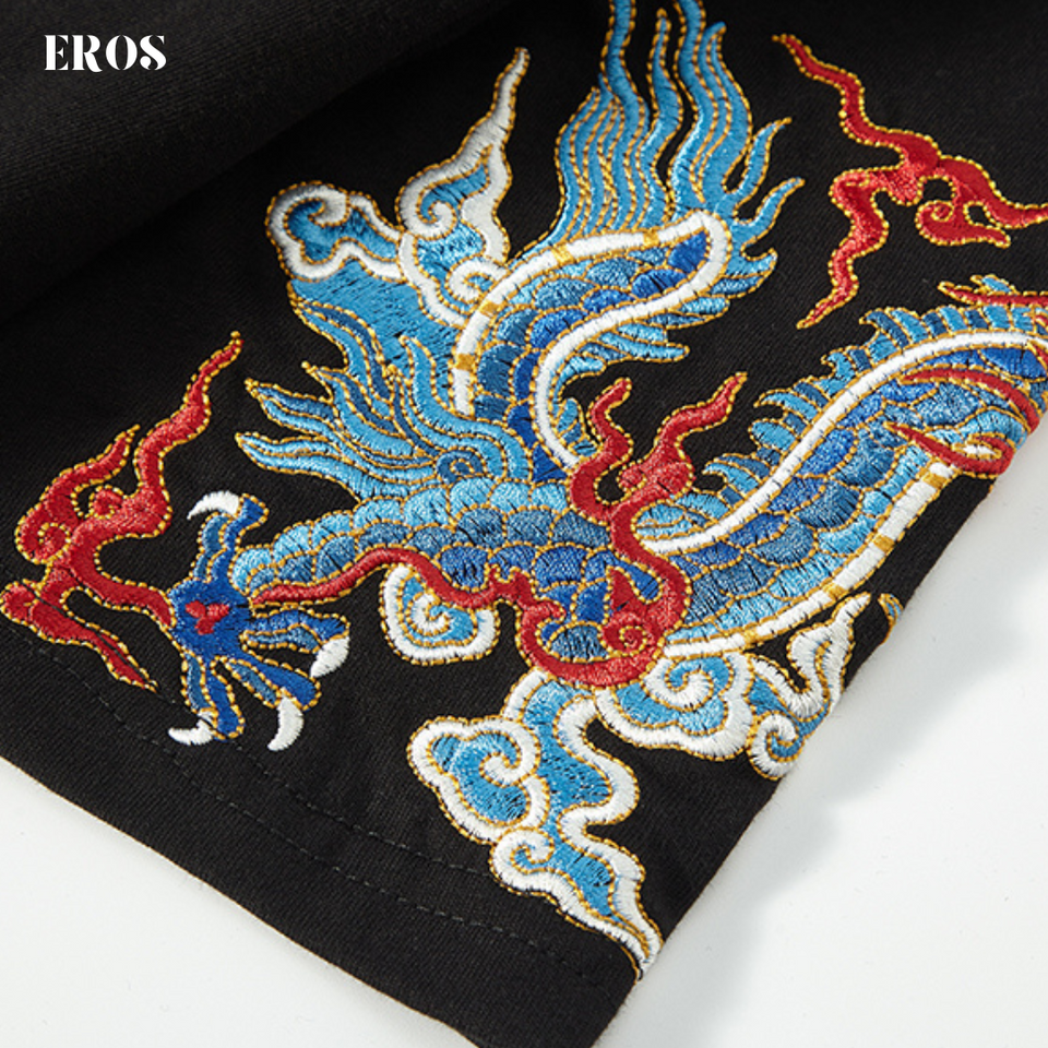 EMBROIDERY T-SHIRT TWIN DRAGON WITH FIREBALL #027