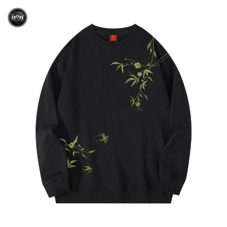 EMBROIDERY LONG-SLEEVED SWEATSHIRT BAMBOO LEAVES #L04