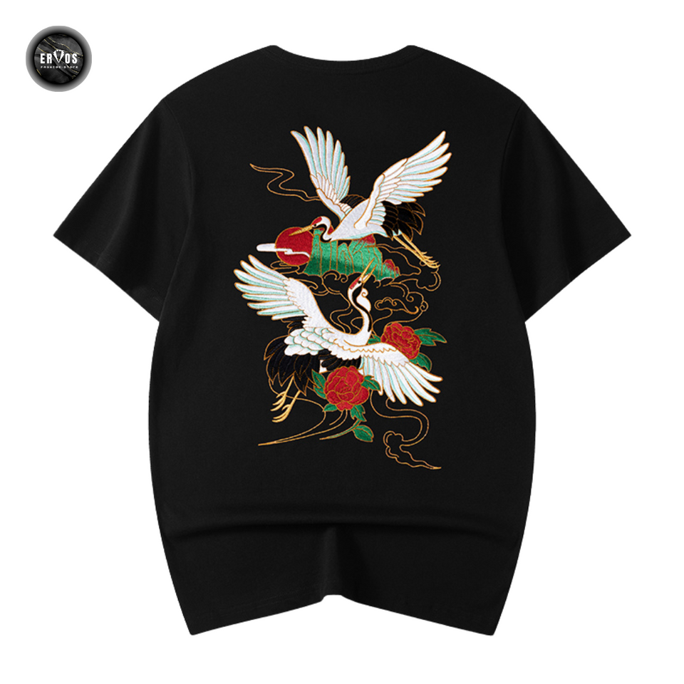 EMBROIDERY T-SHIRT FLYING CRANE WITH RED SUN #021