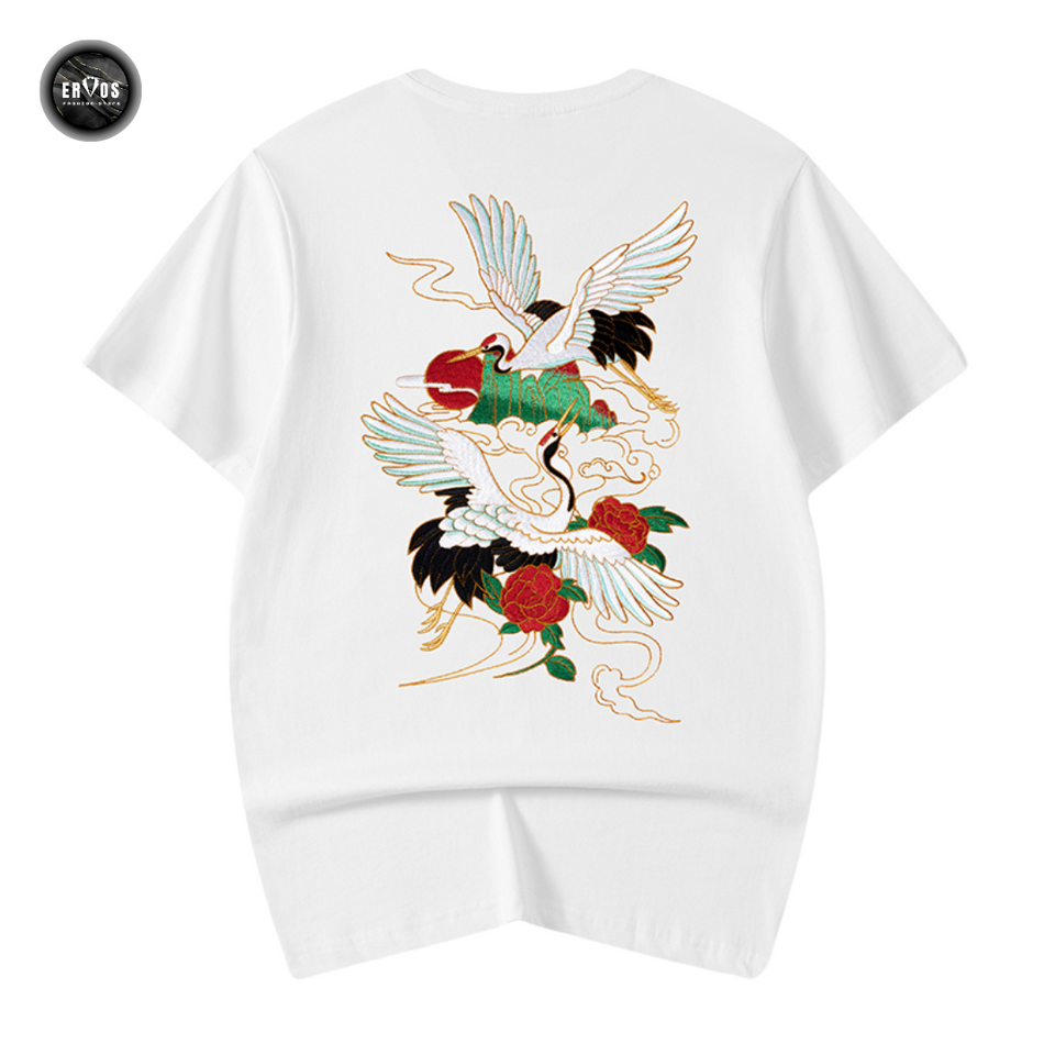 EMBROIDERY T-SHIRT FLYING CRANE WITH RED SUN #021