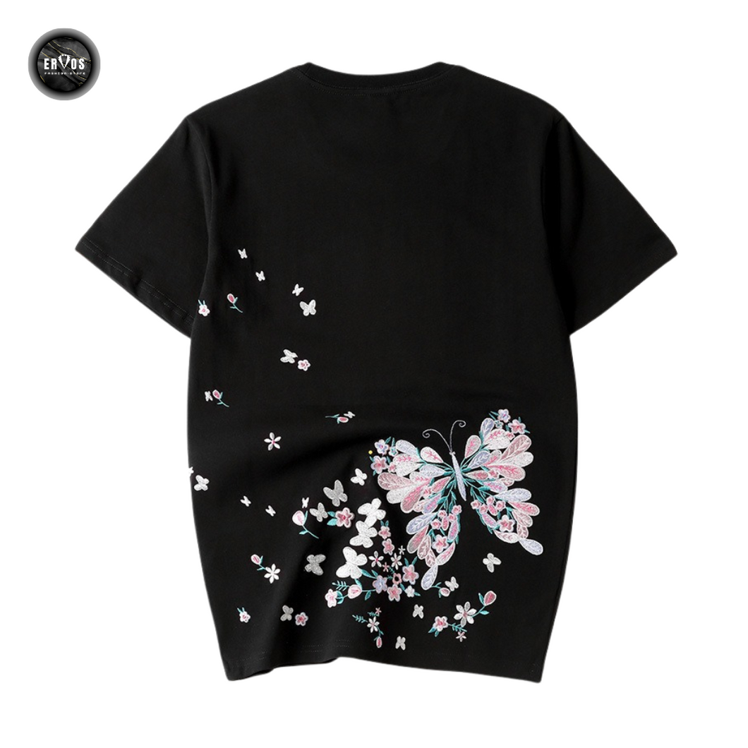 EMBROIDERY T-SHIRT FLOWER BUTTERFLY #082