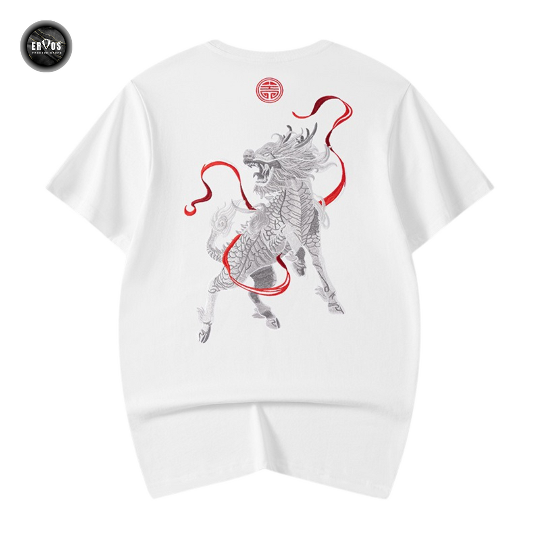 EMBROIDERY T-SHIRT RED SASH QILIN #034