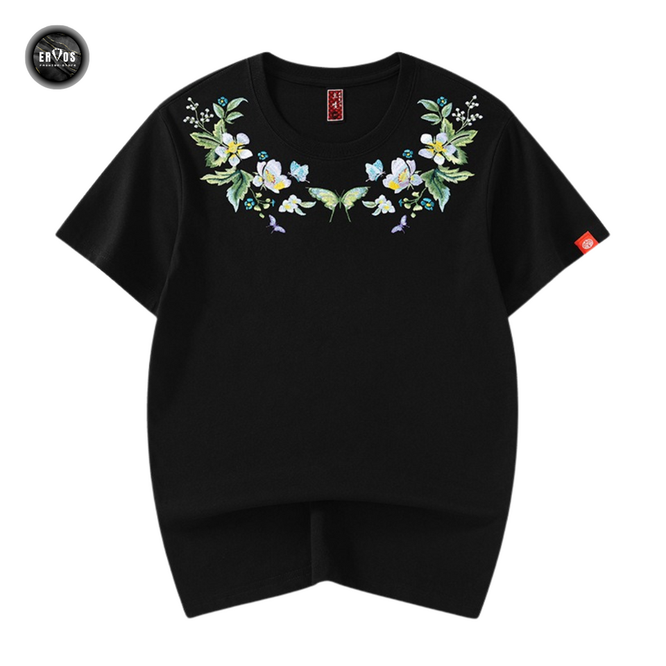 EMBROIDERY T-SHIRT FLOWER BUTTERFLY #057