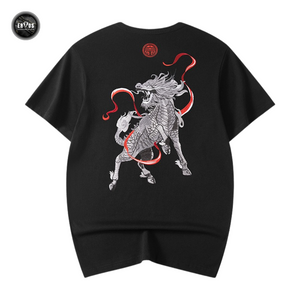 EMBROIDERY T-SHIRT RED SASH QILIN #034