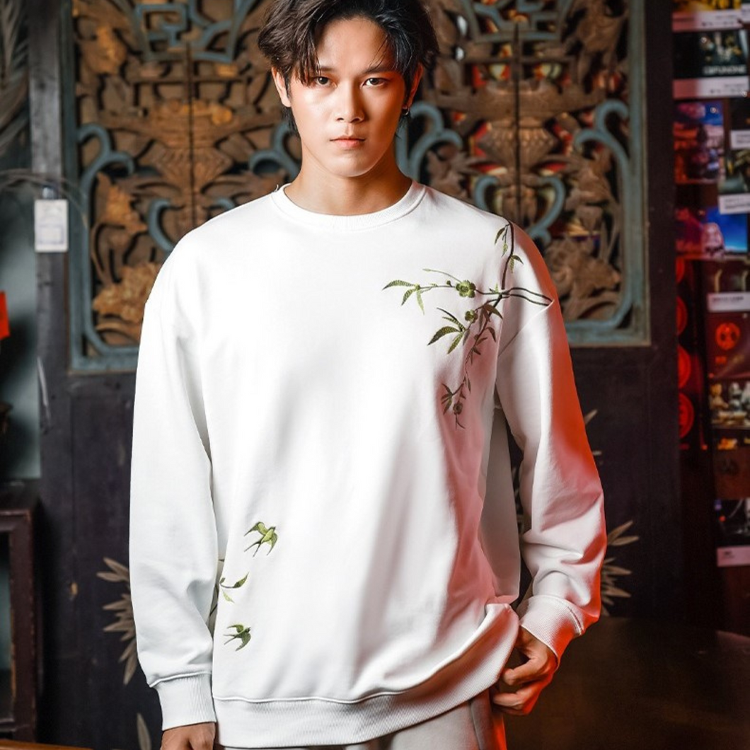 EMBROIDERY LONG-SLEEVED SWEATSHIRT BAMBOO LEAVES #LS04