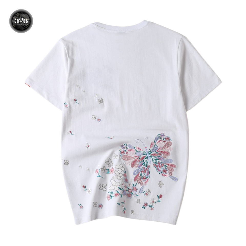 EMBROIDERY T-SHIRT FLOWER BUTTERFLY #082