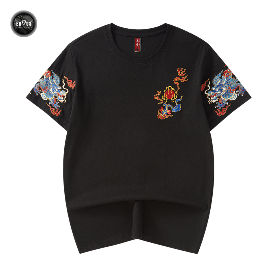 EMBROIDERY T-SHIRT TWIN DRAGON WITH FIREBALL #027