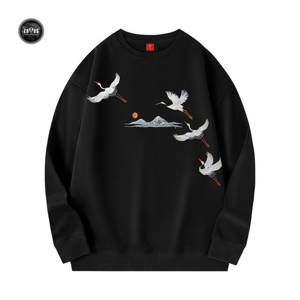 EMBROIDERY LONG-SLEEVED SWEATSHIRT CRANE SOARING #L012