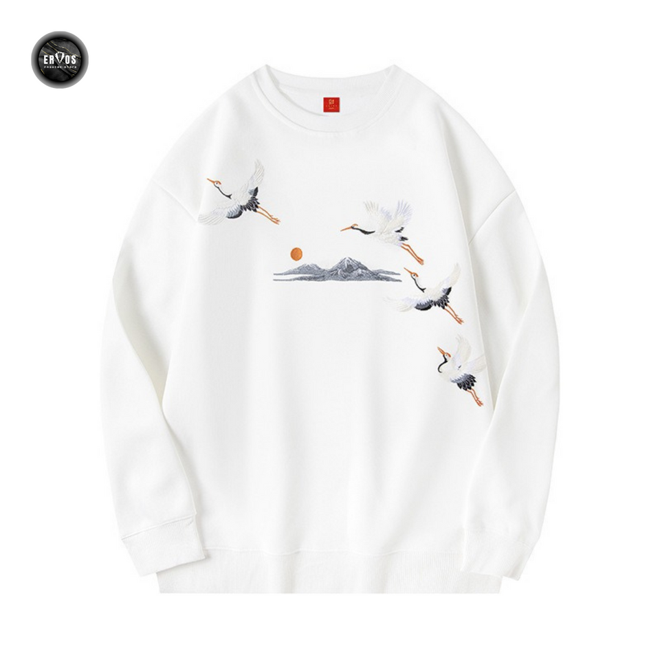 EMBROIDERY LONG-SLEEVED SWEATSHIRT CRANE SOARING #L012